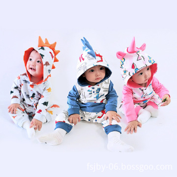 Hot selling wholesale hooded organic baby romper dinosaur cartoon newborn baby clothes